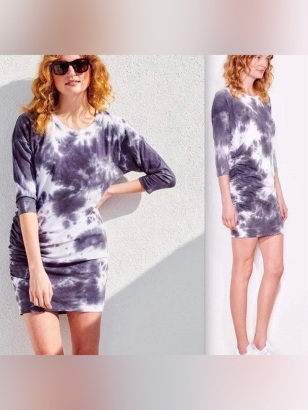 Sundry Gray & White Tie-Dye Mini Shift with side rouching Dress 0